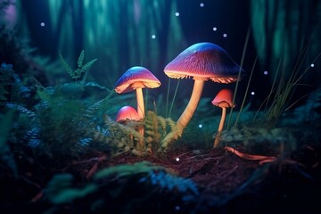 Magic, glowing, illuminating mushrooms in the middle of a forest meadow, made with help of  Generative AI