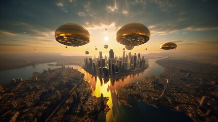 UFO flying towards big city, created using Generative AI