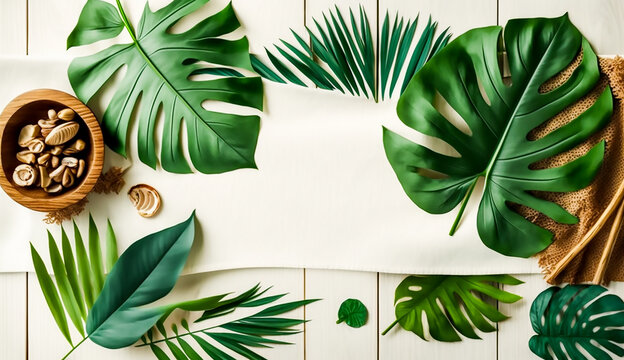 Top view of Tropical leaves on white wooden with white tablecloth background, Generative AI