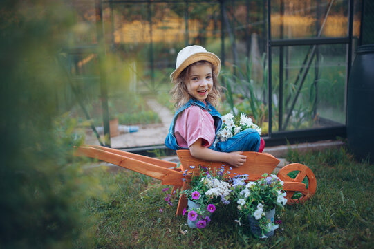 Little girl playing with wooden wheelbarrow full of flowers in their garden.
