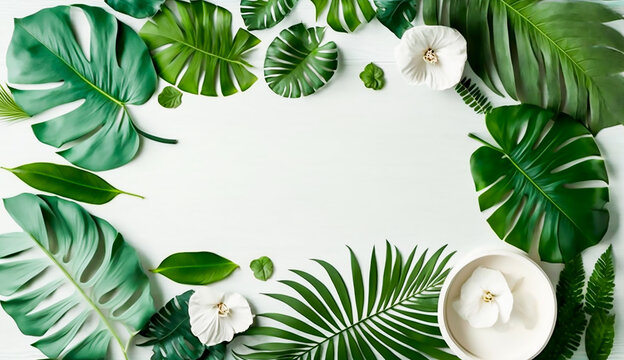 Top view of Tropical leaves on white wooden with white tablecloth background, Generative AI