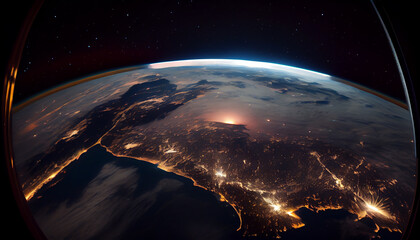 Obraz na płótnie Canvas Nature horizon glowing with sunset illuminates planet Earth ,generative AI