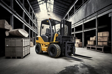 Pallet stacker truck in warehouse. Forklift loader. 
