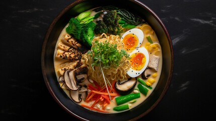 Perfectly served ramen with vegetables and egg