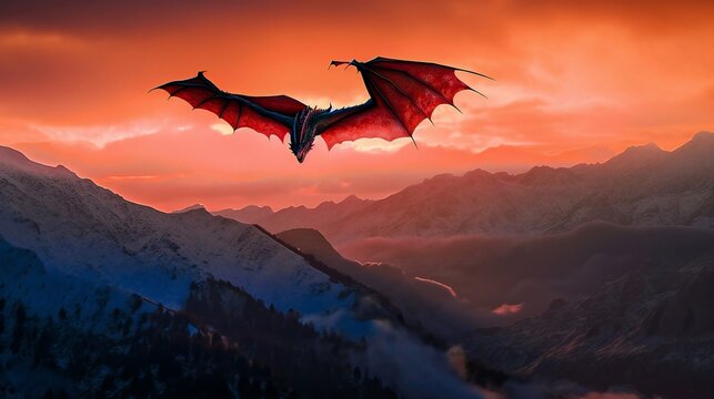 Dragon flying over mountains during red sunset, created using Generative AI