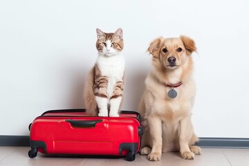 A dog and a cat are sitting with a red suitcase. Traveling with animals. Generative AI