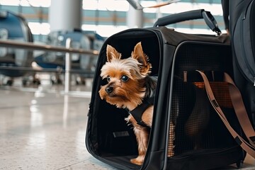 A beautiful little dog in a carrier at the airport. Traveling with pets. Generative AI