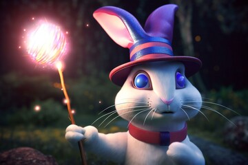 Cartoony Bunny rabbit magician in a hat, created using Generative Ai