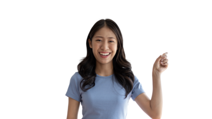 Asian woman pointing finger inviting click here, It is recommended to follow this direction or click on this link, Space for promotion here, Register or apply for membership, Click here.