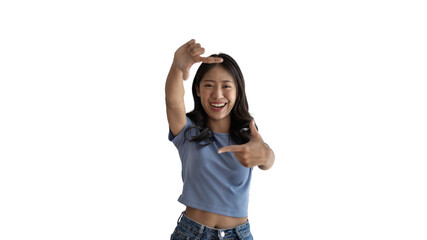 Playful young asian woman in good mood posing for photo or photo frame with fingers on PNG file,  Use your fingers to act like a photograph, Mark as if taking a photo.