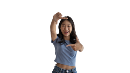 Playful young asian woman in good mood posing for photo or photo frame with fingers on PNG file,  Use your fingers to act like a photograph, Mark as if taking a photo.