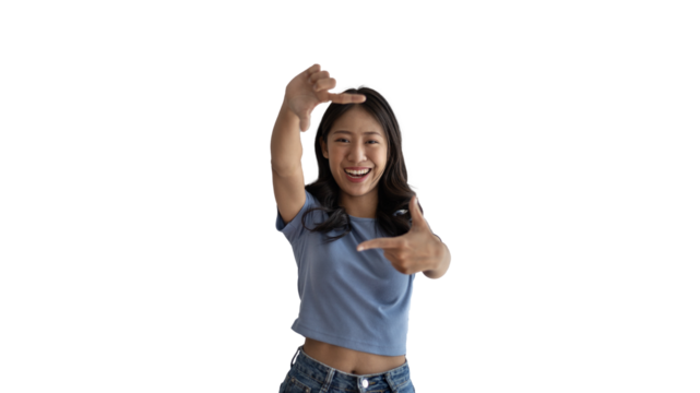Playful young asian woman in good mood posing for photo or photo frame with fingers on PNG file,  Use your fingers to act like a photograph, Mark as if taking a photo.