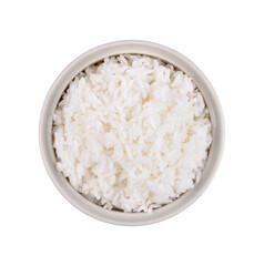 Rice in gret bowl isolated on white background. Top view