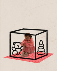 Artwork of little upset girl wearing pink pajamas, sitting at tiny sketch box and feeling pressure,...