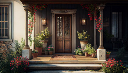 Flower filled courtyard in rustic residential architecture ,generative AI