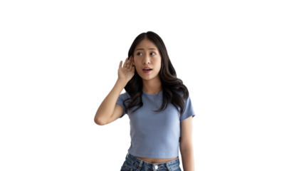 Asian woman eavesdropping or overhearing secret conversation isolated on background, Gossip, Listening, Background studio portrait, PNG file.