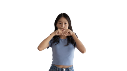 Asian woman doing silent gesture with finger, Noiseless symbol, Noisy mall, Hide a secret, Do not speak. shut your mouth, Noiseless signal transmission, Isolated on PNG file.