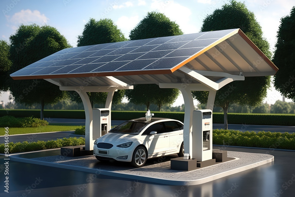 Canvas Prints electric car charging station with solar panels on the roof, created with generative ai