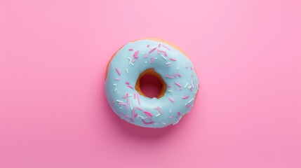 Blue doughnut decorated with colorful sprinkles isolated on pink background. Flat lay view. Generative AI