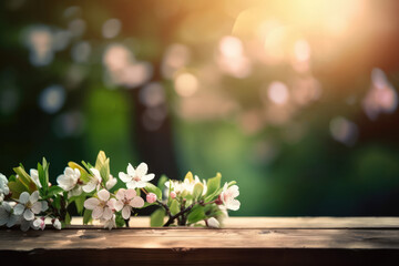 Spring floral background with wooden table, sakura blossoming branch and copy space. Generative AI