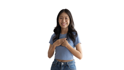 Woman smiling happily isolated on png file background, Woman loves and rejoices herself, Contented, Pure love, Love myself, Proud of yourself, Self-made happiness, Painting Therapy with a smile.