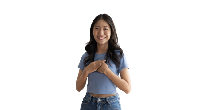 Woman smiling happily isolated on png file background, Woman loves and rejoices herself, Contented, Pure love, Love myself, Proud of yourself, Self-made happiness, Painting Therapy with a smile.