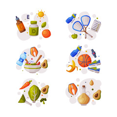 Fototapeta premium Healthy Lifestyle Objects with Food and Sport Equipment Vector Composition Set