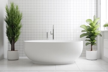 White luxury oval ceramic bathtub with white square tiles bathroom concept