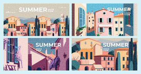 Summer nature landscape horizontal poster, cover, card set with summer town, street, houses, mountains and typography design. Summer holidays, vacation travel in Europe illustrations. - obrazy, fototapety, plakaty