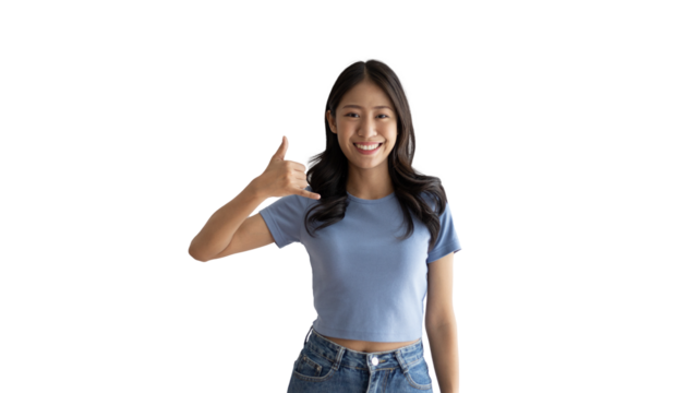 Call sign, Bright young asian woman inviting to call isolated on background, Suggest to call or invite to apply for membership, Isolated on PNG file...