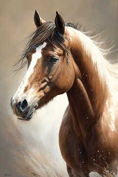 Beautiful Brown Horse Portrait: Painted Art of a Majestic Equine: Generative AI