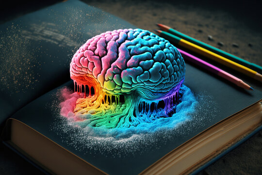 Brain with colored powder and many bright colors emerging from an open book. Generative AI.