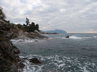 Ligurian sea. On the shores of Nervi (municipality of Genoa), Italy.