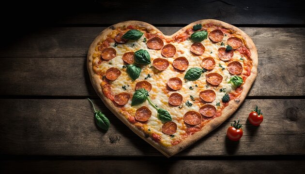 Romantic and Unhealthy: Heart-Shaped Pizza Baked Fresh on Wooden Background for Valentine's Day, Generative AI