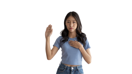 Young woman making hand sign to stop behavior or gesture that suggests unethical and illegal behavior, Reminders to stop exercising help, Woman isolated on png file, Prohibit, Hinder, Hamper.
