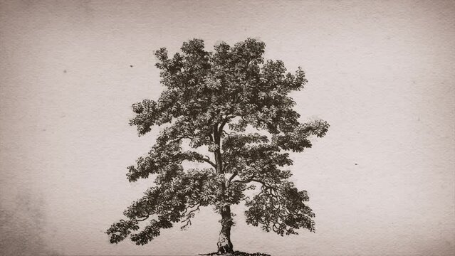 Old Retro Tree Drawing Ink Reveal/ 4k motion graphics of sketched tree ink drawing revealed background