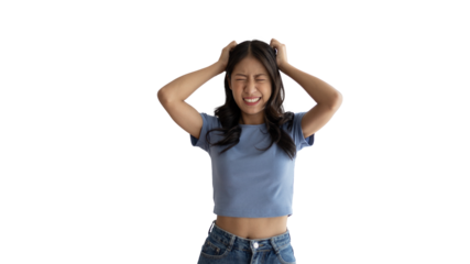 Stressed woman holding her temples with severe problems in her life, Family problems, Pressure from work, Poor financial, Despair in life, Discouraged and deeply saddened, Panic attacks.