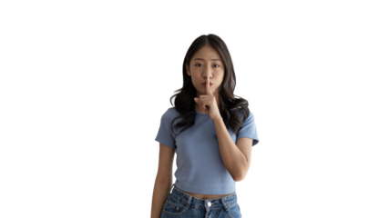 Asian woman doing silent gesture with finger, Noiseless symbol, Noisy mall, Hide a secret, Do not speak. shut your mouth, Noiseless signal transmission, Isolated on PNG file.