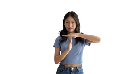 Woman makes a T hand sign indicating a request for a time-out or a temporary break, Made a serious tired face and asked to rest for a moment, Make a t-shaped symbol to show halftime and break time.