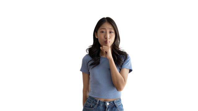 Asian woman doing silent gesture with finger, Noiseless symbol, Noisy mall, Hide a secret, Do not speak. shut your mouth, Noiseless signal transmission, Isolated on PNG file.