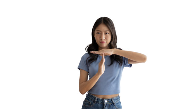 Woman makes a T hand sign indicating a request for a time-out or a temporary break, Made a serious tired face and asked to rest for a moment, Make a t-shaped symbol to show halftime and break time.