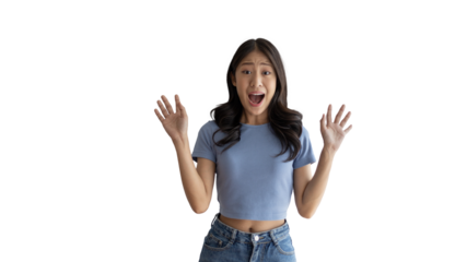 Asian woman acting shocked or surprised isolated on background,  Looking camera, Concept acts according to the emotions and feelings of excitement and shock, PNG File, Copy space.