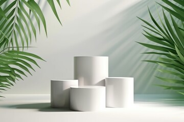 Product display podium with palm leaves - generative ai