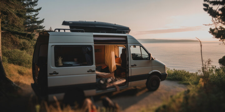 A camper van parked up overlooking a beautiful landscape view. Generative ai