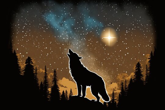 Wolf howling on the mountain with colorful of nebular ,Generative Ai