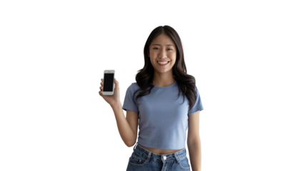 Woman pointing finger at mobile phone, Point to the mobile phone to recommend applying or registering via the smartphone system or scanning the QR code to receive news before anyone else, Click now.