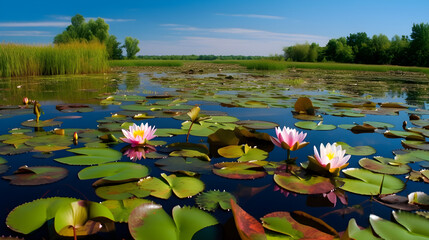 lilies on a lake beautiful scenery generative ai