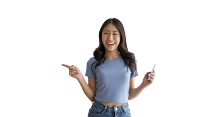 Woman pointing finger at mobile phone, Point to the mobile phone to recommend applying or registering via the smartphone system or scanning the QR code to receive news before anyone else, Click now.