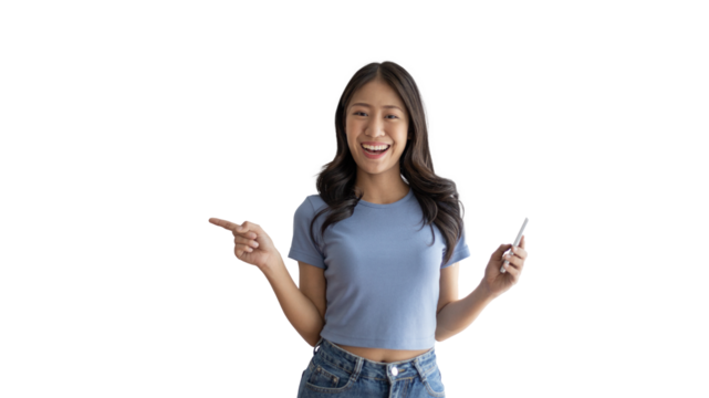 Woman pointing finger at mobile phone, Point to the mobile phone to recommend applying or registering via the smartphone system or scanning the QR code to receive news before anyone else, Click now.