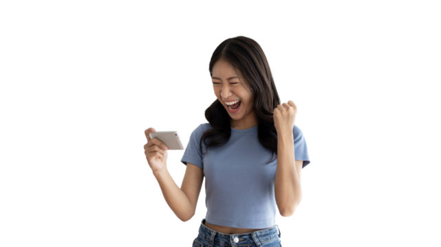 Asian woman playing games on mobile phone and wearing headphones having fun, Play games on the sofa in the living room on weekends, Resting at home, Comfort zone, Touch screen mobile phone.